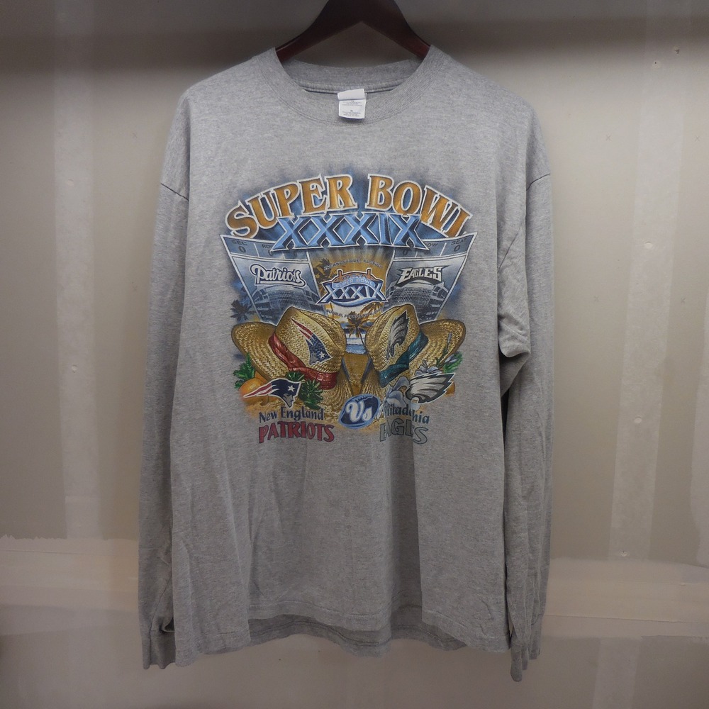 Vintage Super Bowl XXXIX Patriots vs Eagles Long Sleeve Shirt Gray XL 2005 NFL
